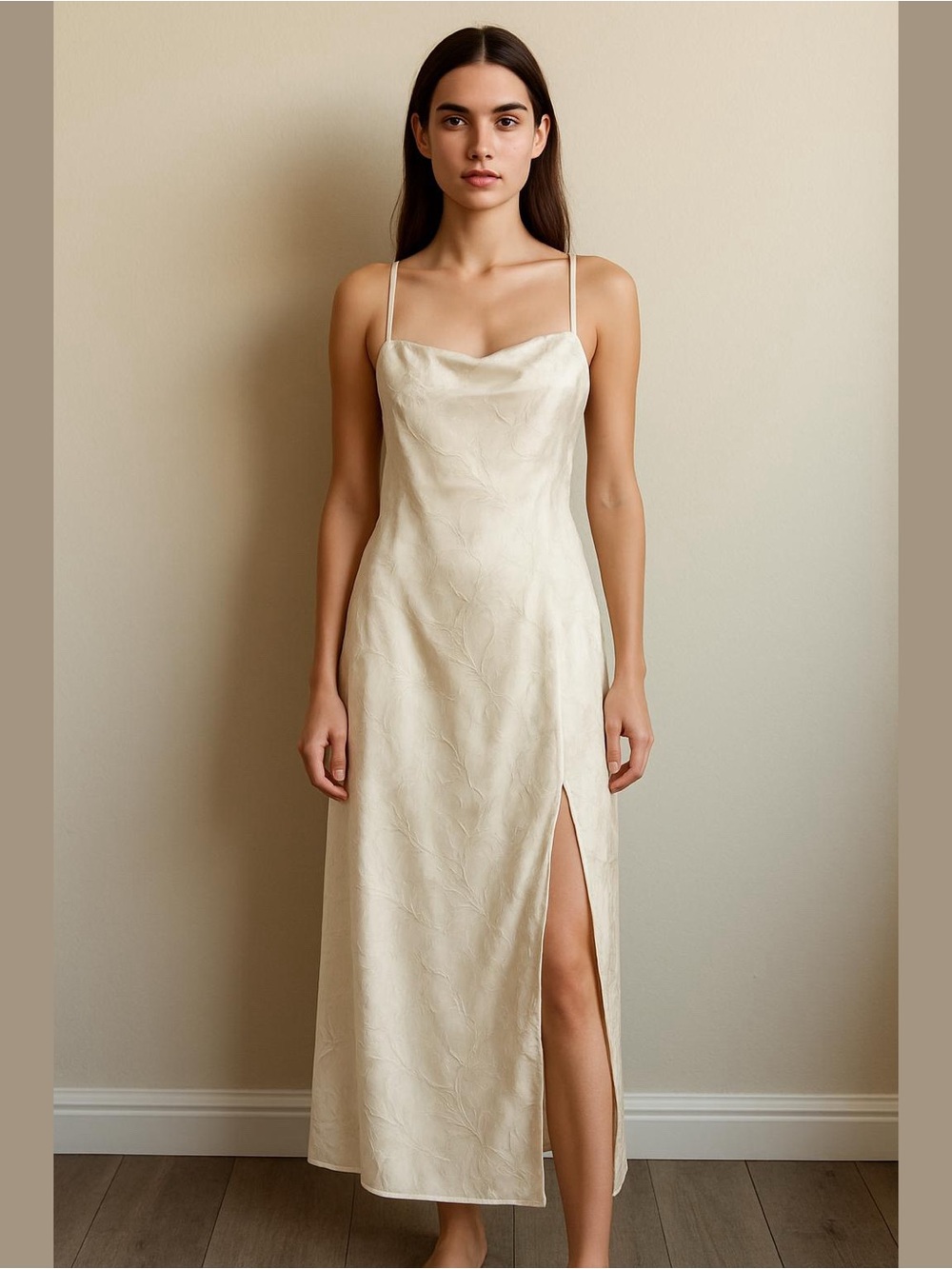VTG JR Nites by Calienso Women’s Ivory Slip Leaf Pattern Maxi Dress Gown